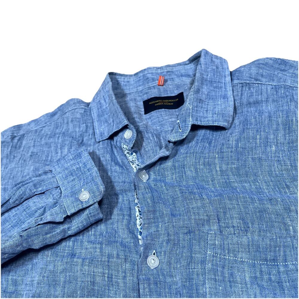 Alessandro Gherardeschi Patrick Assaraf Linen Blue Shirt Floral Trim Sz XL Italy